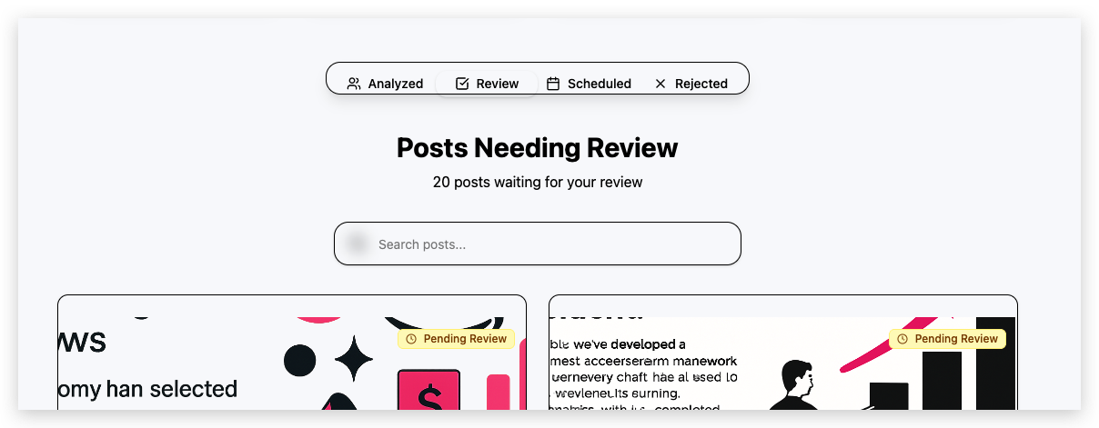 Posts Needing Review interface showing 20 posts waiting for review with search functionality and post preview cards